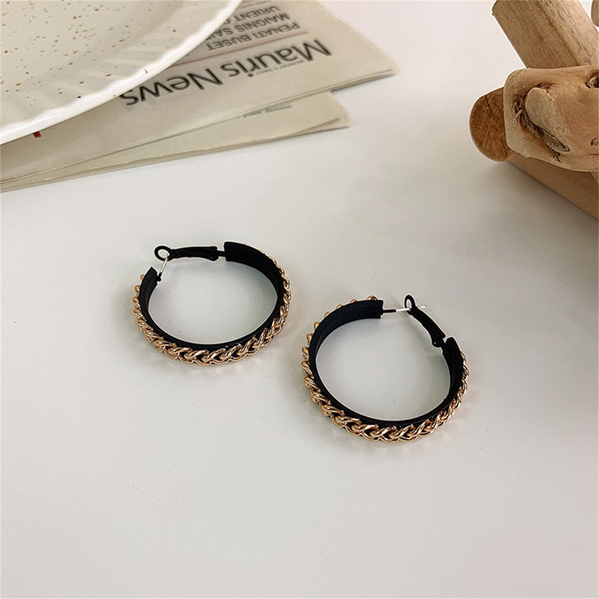 Black Enamel & 18K Gold-Plated Chain Hoop Earrings