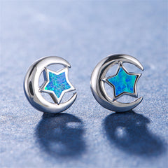 Blue Opal & Silver-Plated Crescent Moon Star Stud Earrings