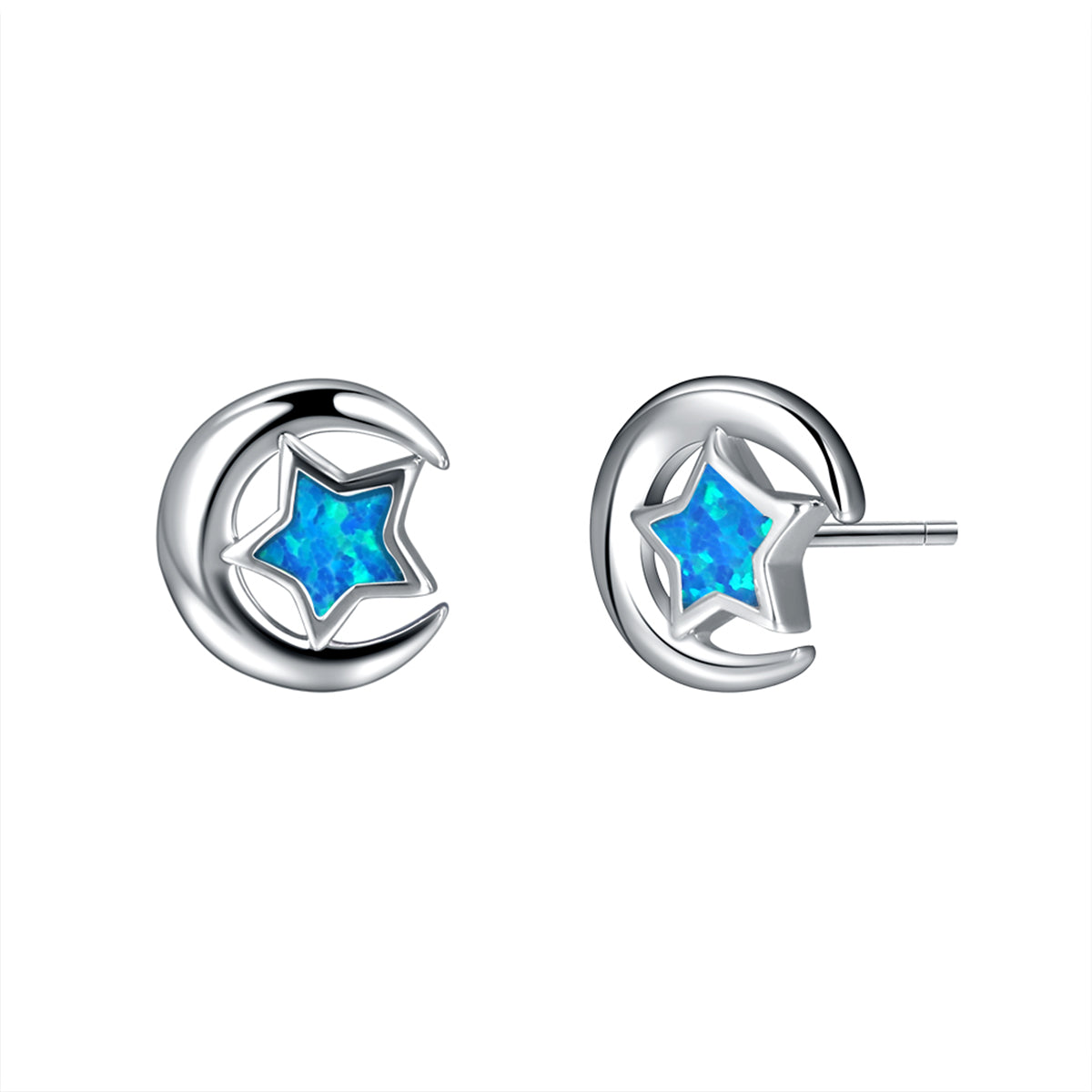 Blue Opal & Silver-Plated Crescent Moon Star Stud Earrings