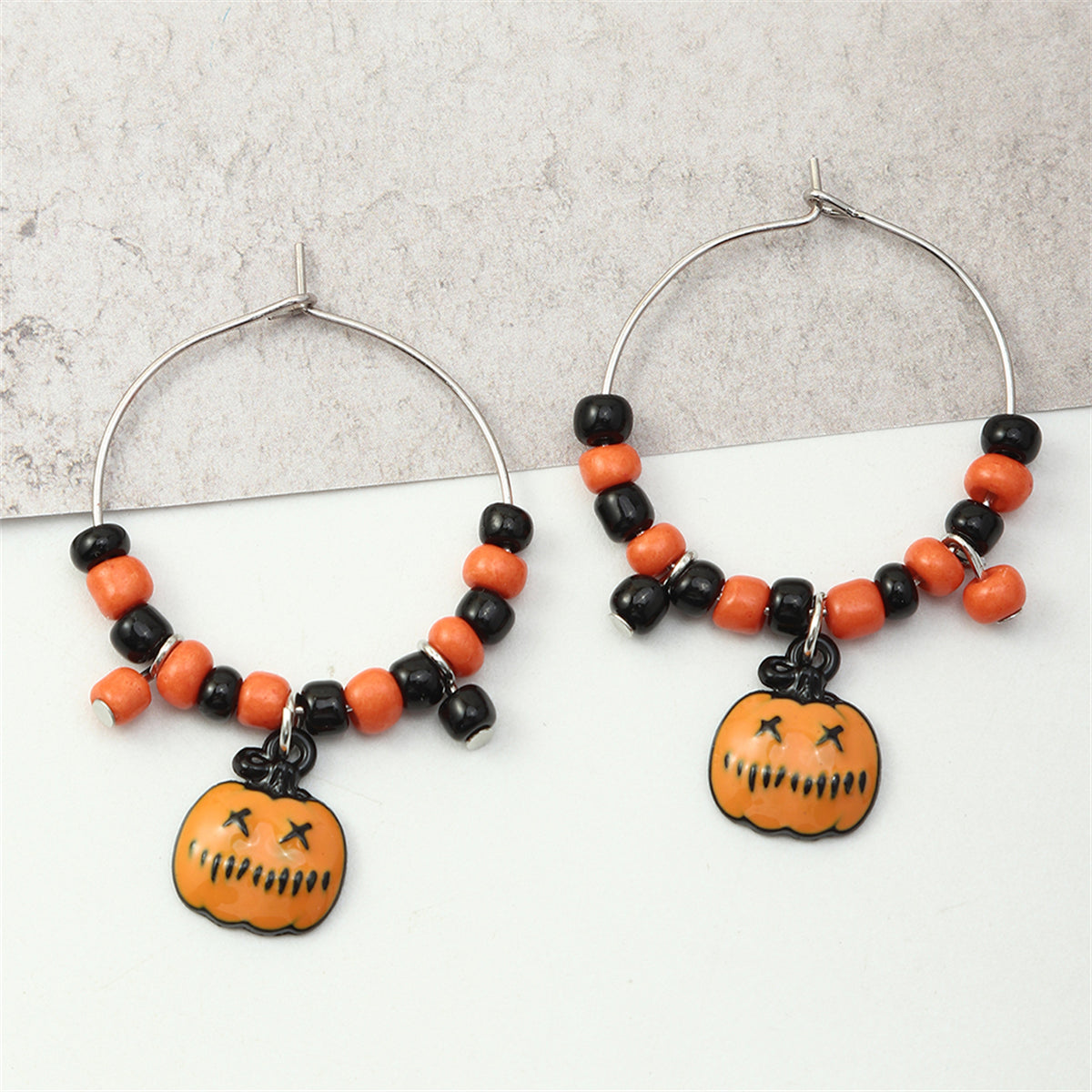 Orange Howlite & Silver-Plated Pumpkin Huggie Earrings