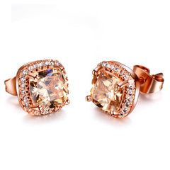 Champagne Princess Crystal & 18K Rose Gold-Plated Halo Stud Earrings