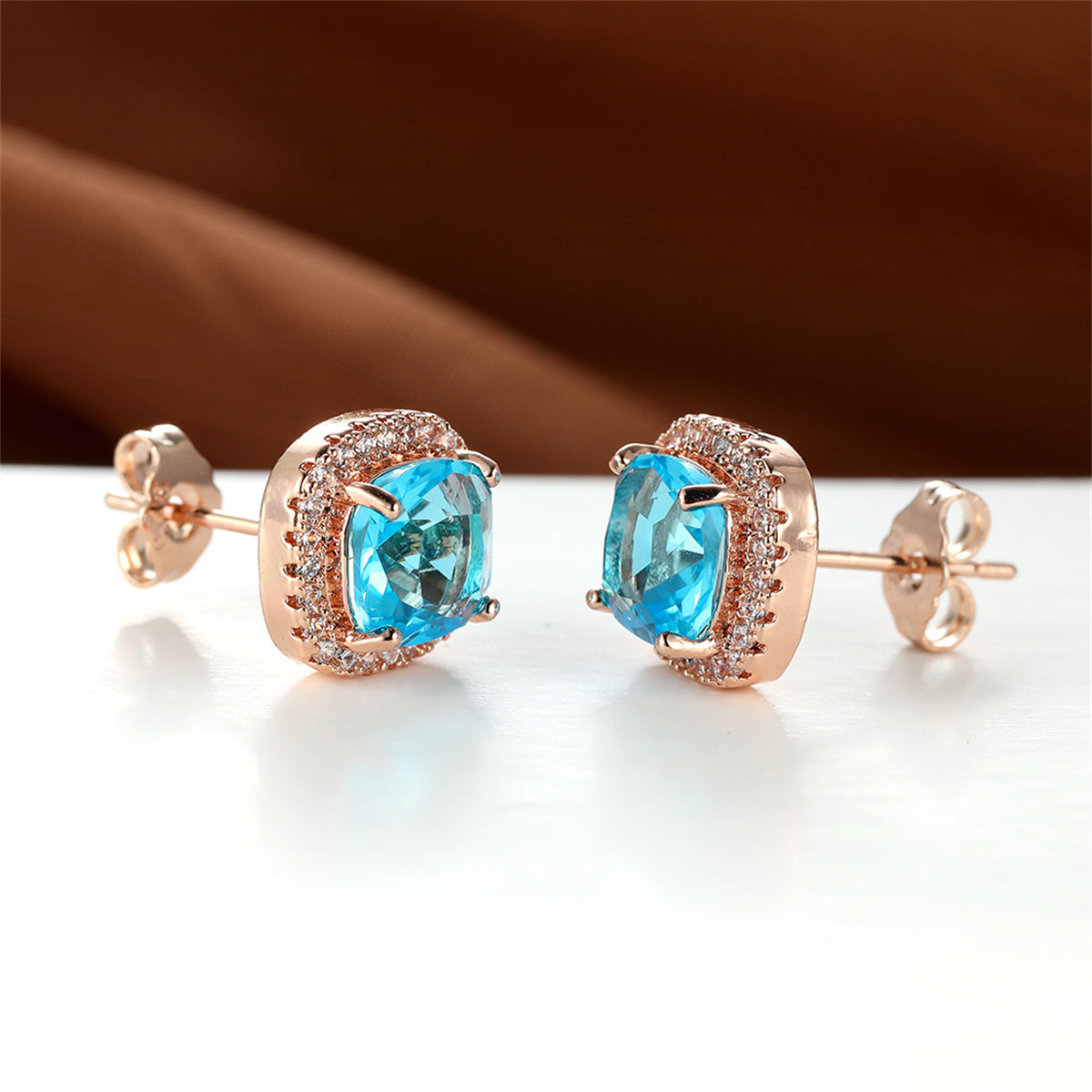 Light Blue Princess Crystal & Cubic Zirconia 18K Rose Gold-Plated Halo Stud Earrings