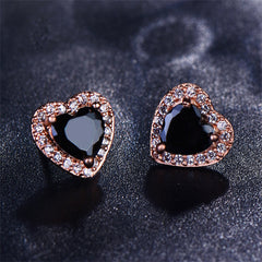 Black Crystal & Cubic Zirconia 18K Rose Gold-Plated Halo Heart Stud Earrings