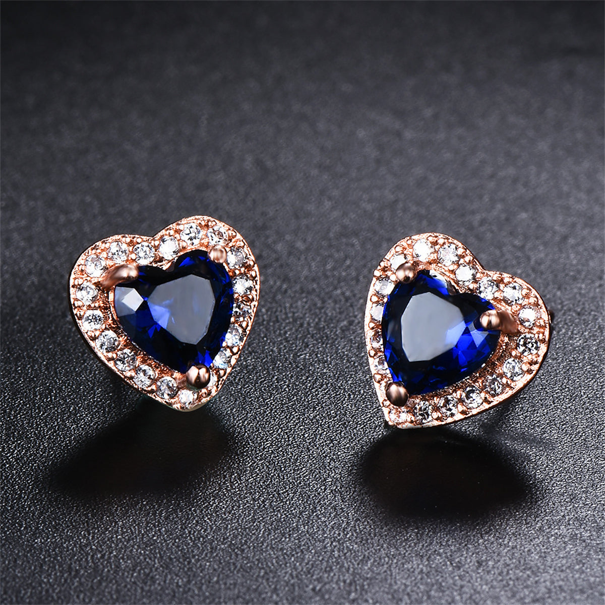 Navy Crystal & Cubic Zirconia 18K Rose Gold-Plated Halo Heart Stud Earrings