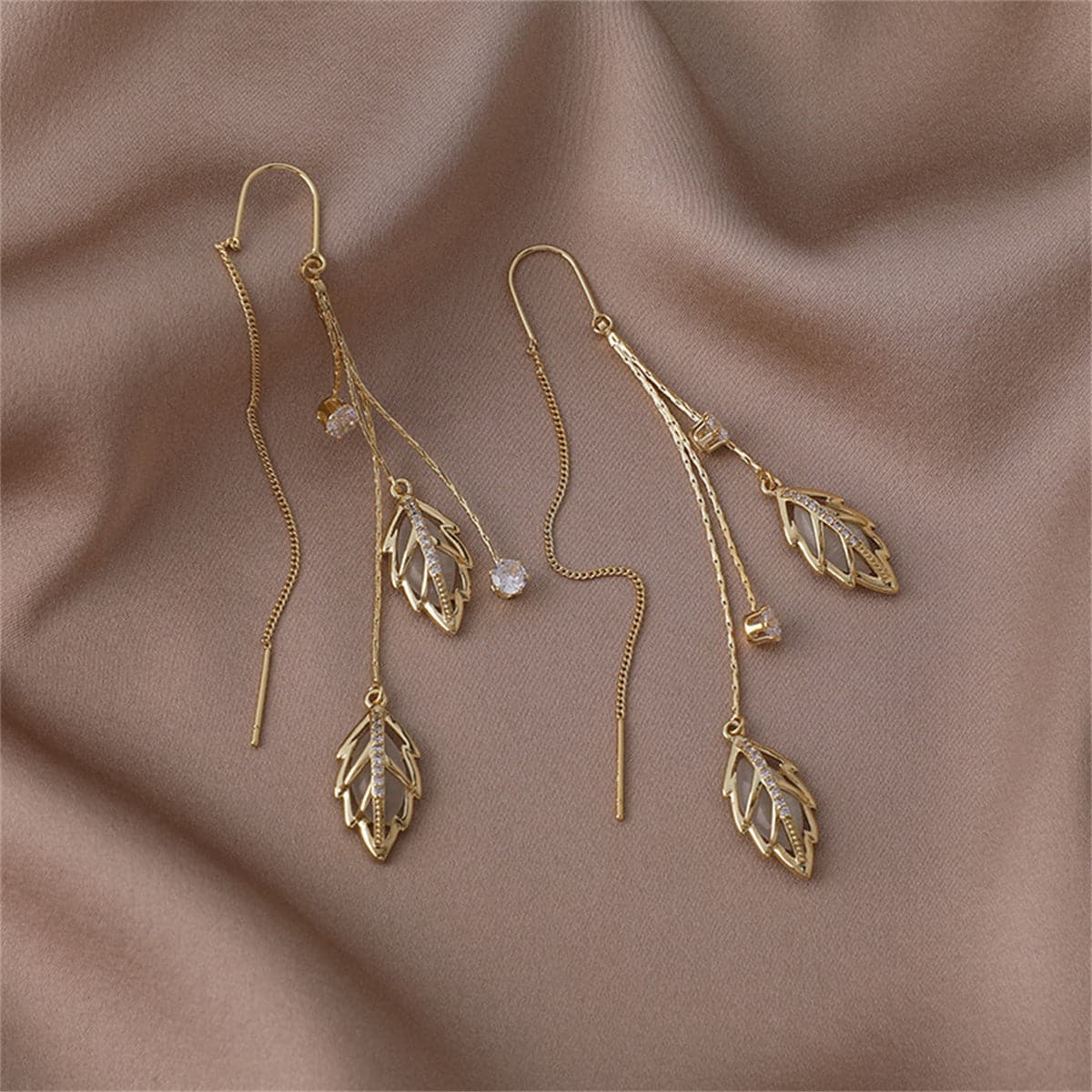 Cats Eye & 18K Gold-Plated Double Leaf Ear Threader Earrings