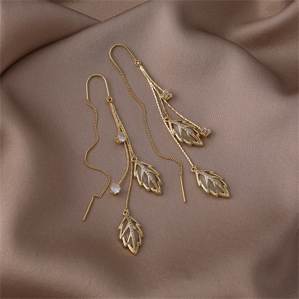 Cats Eye & 18K Gold-Plated Double Leaf Ear Threader Earrings