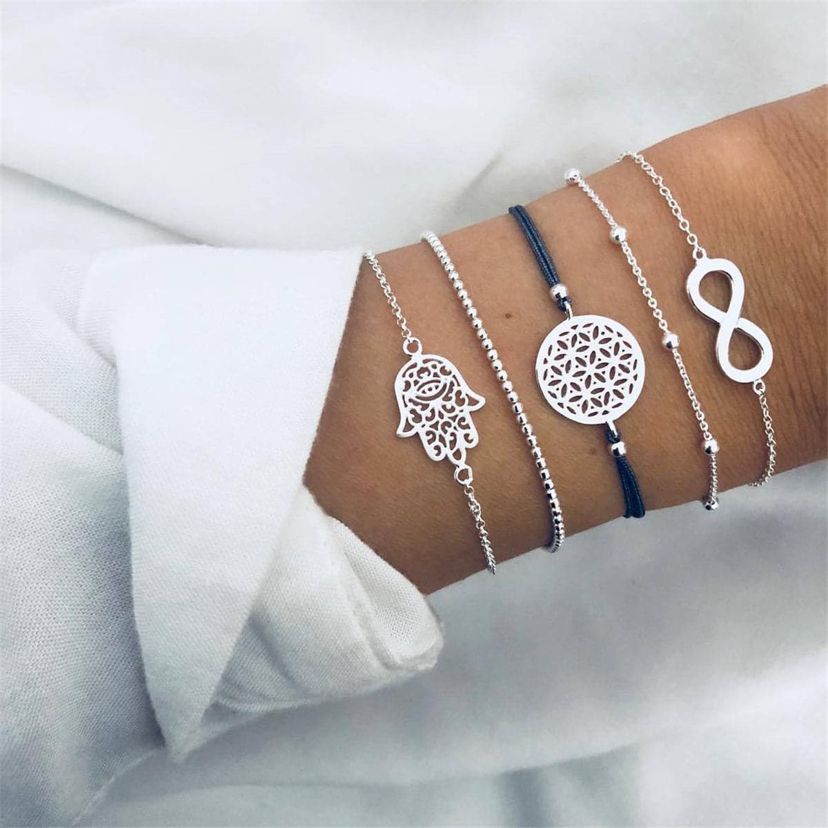 Silver-Plated Hamsa Palm Pendant Bracelet Set