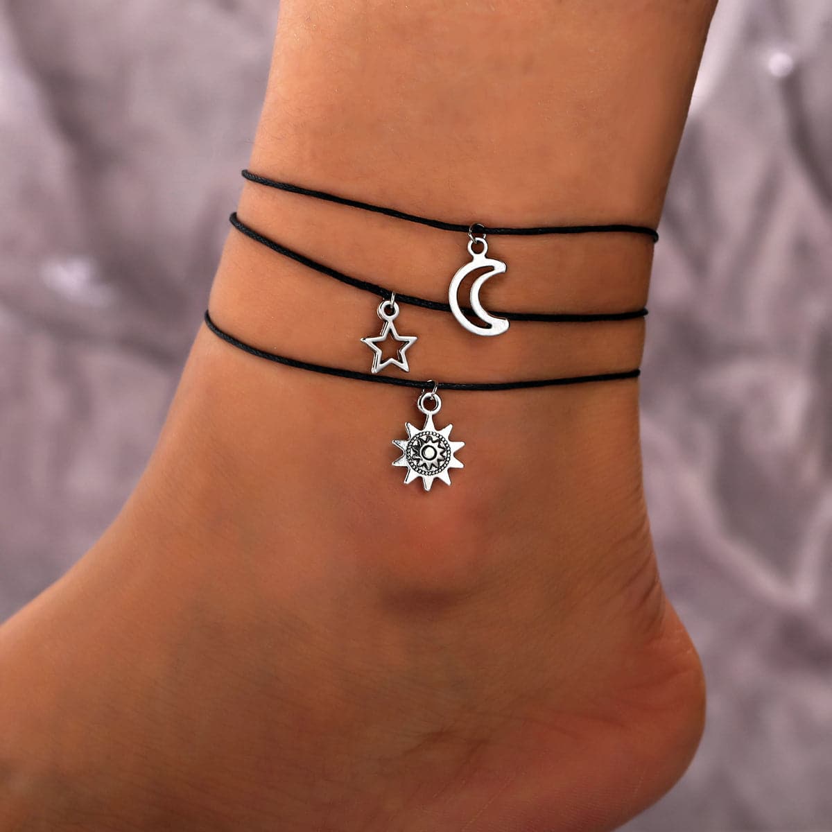 Silver-Plated Moon & Star Charm Anklet Set