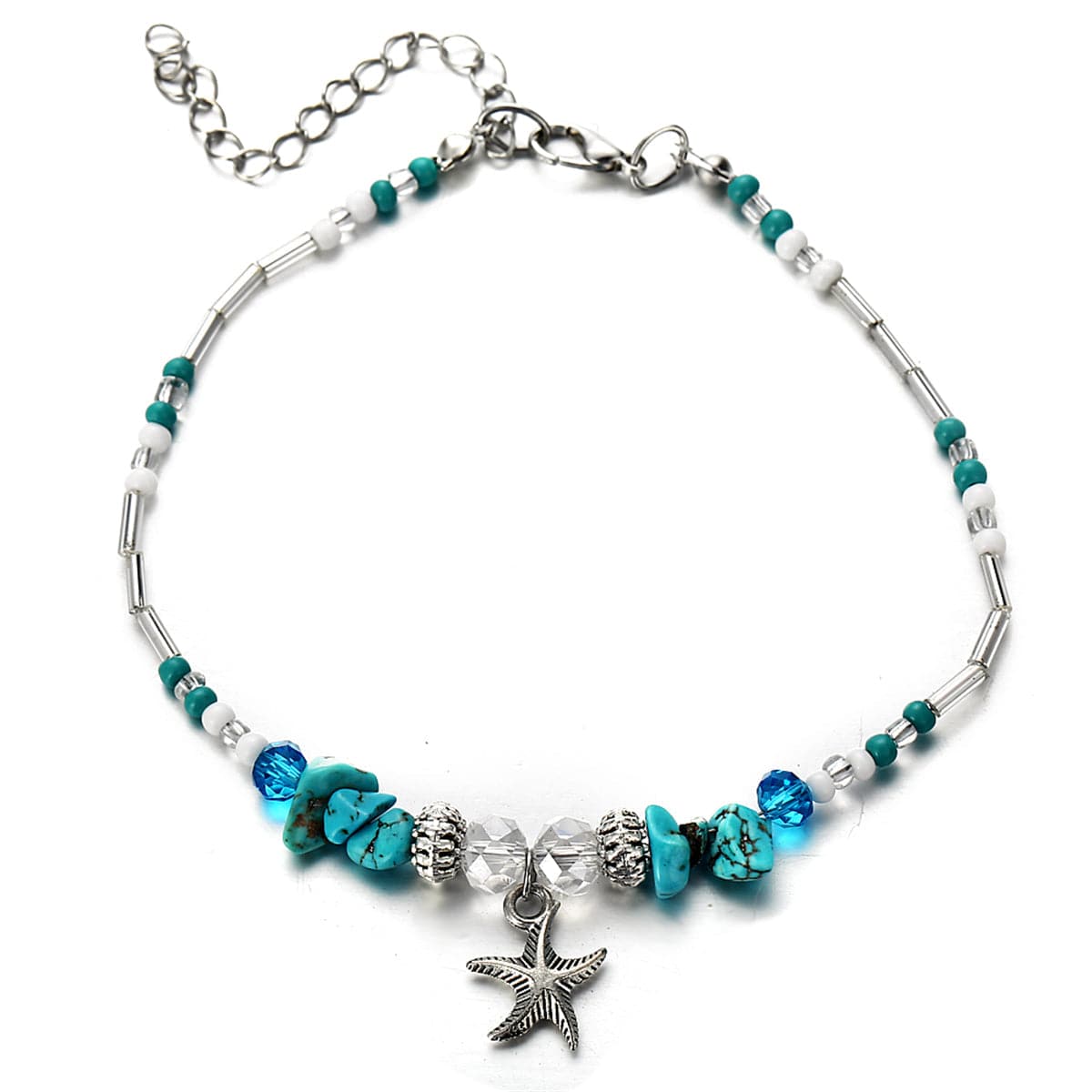 Turquoise & Acrylic Silver-Plated Beaded Starfish Charm Anklet