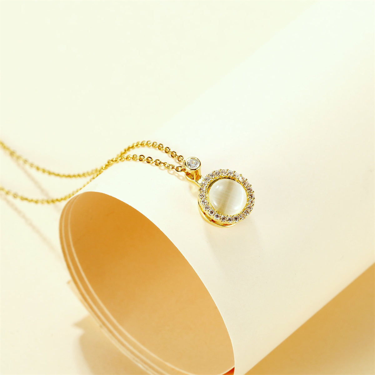 Cateye & Cubic Zirconia Halo Round Pendant Necklace