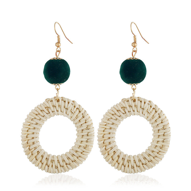 Green Pompom & Rattan Open Circle Drop Earrings