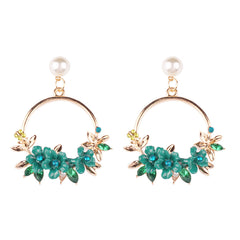 Pearl & Cubic Zirconia Greeen Floral Cluster Hoop Drop Earrings