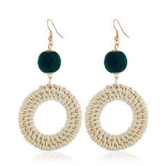 Green Pompom & Rattan Open Circle Drop Earrings