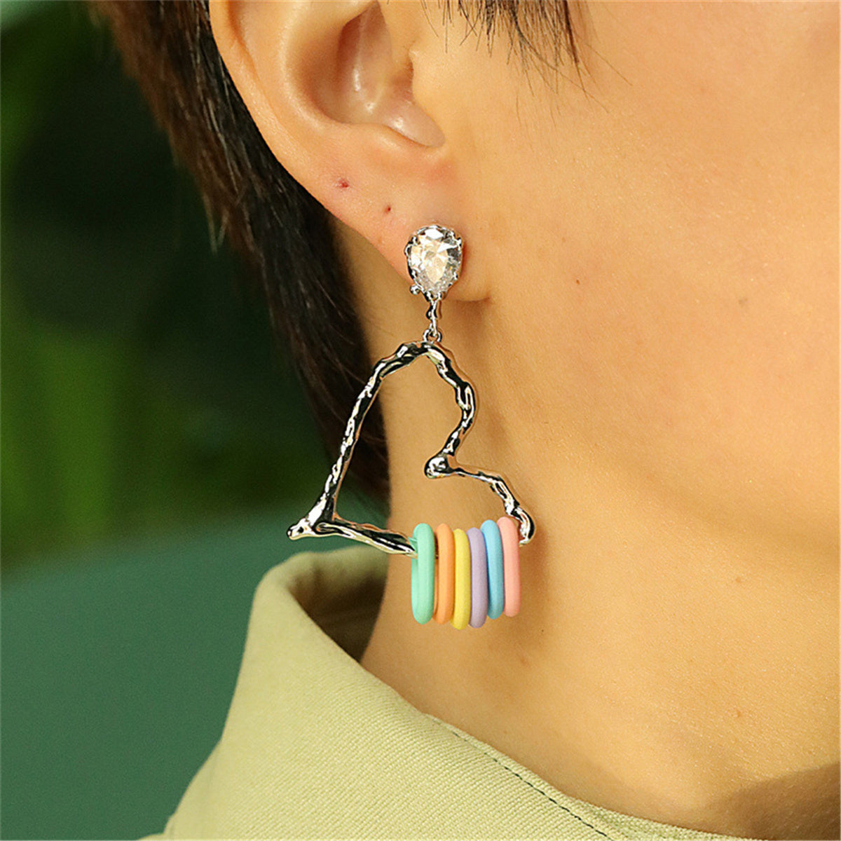 Crystal & Acrylic Silver-Plated Rainbow Heart Hoop Earrings