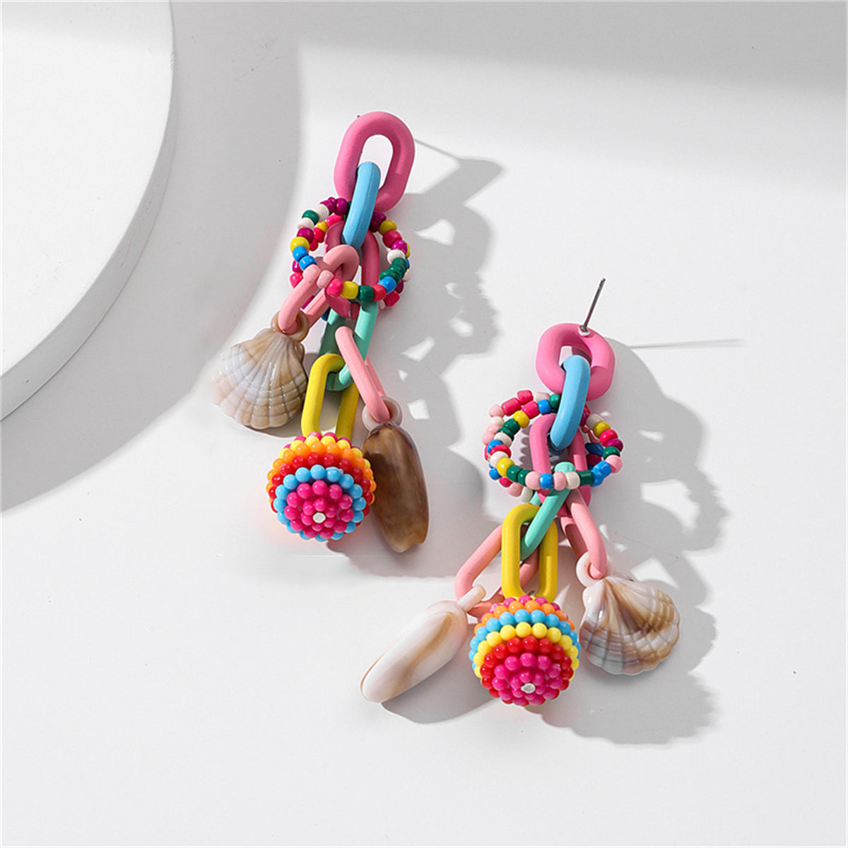 Pink & Blue Howlite Shell-Accent Ball Tassel Drop Earrings