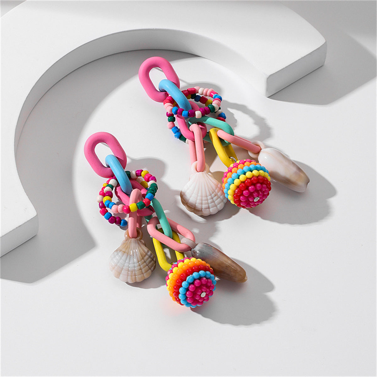 Pink & Blue Howlite Shell-Accent Ball Tassel Drop Earrings