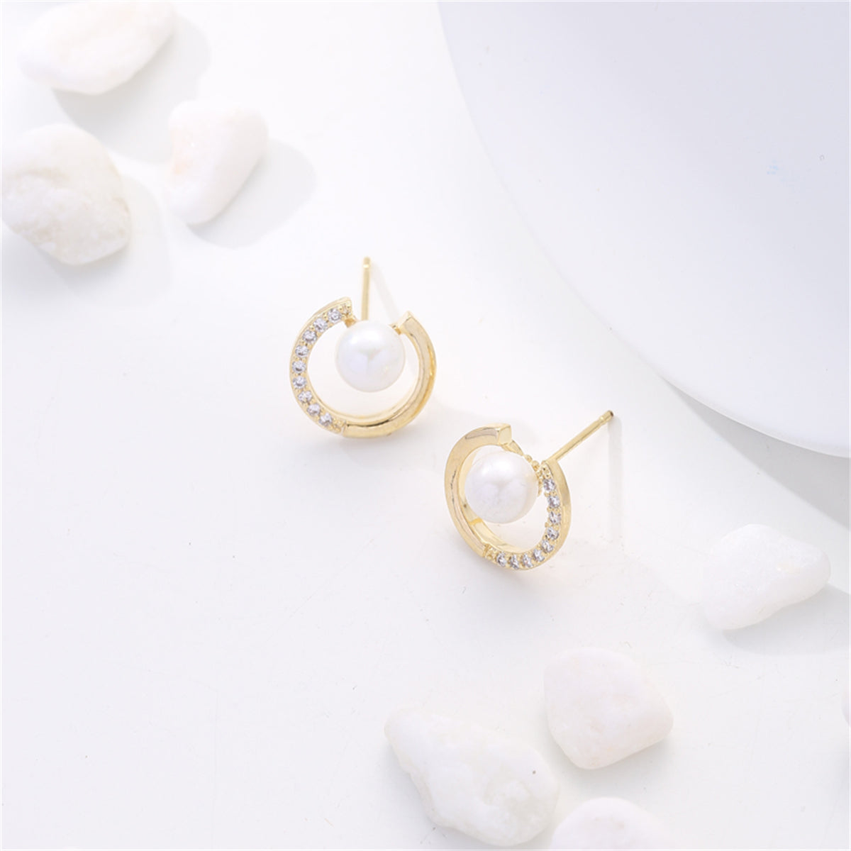 Cubic Zirconia & Pearl 18K Gold-Plated Round Stud Earrings