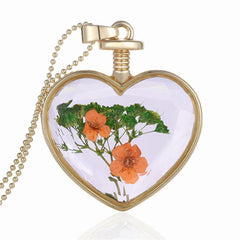 Peach Pressed Flower & 18K Gold-Plated Heart Pendant Necklace