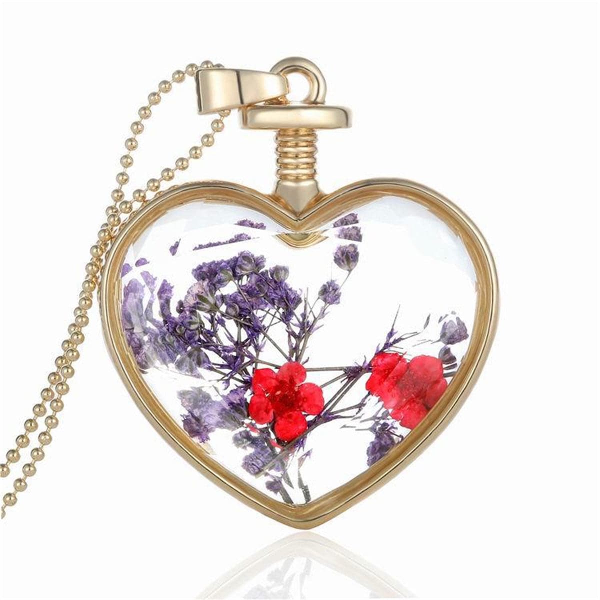 Purple Pressed Flower & 18K Gold-Plated Heart Pendant Necklace