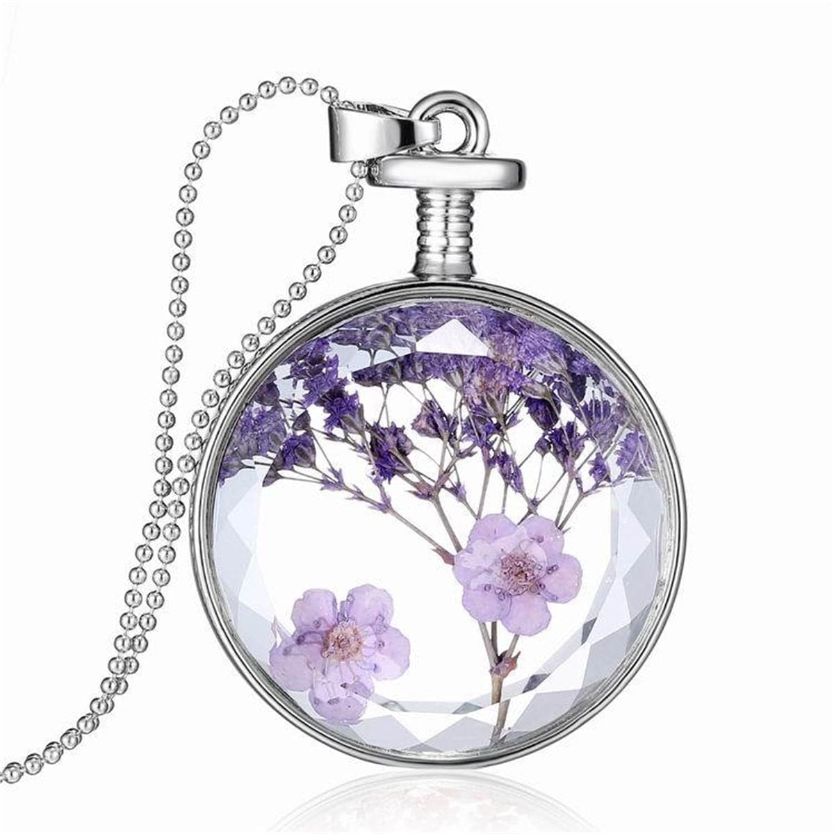 Purple Peach Flower & Silver-Plated Round Pendant Necklace