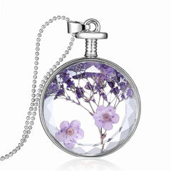 Purple Peach Flower & Silver-Plated Round Pendant Necklace