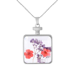 Red & Purple Pressed Flower Silver-Plated Square Pendant Necklace