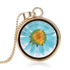 Blue Pressed Mum & 18K Gold-Plated Round Pendant Necklace