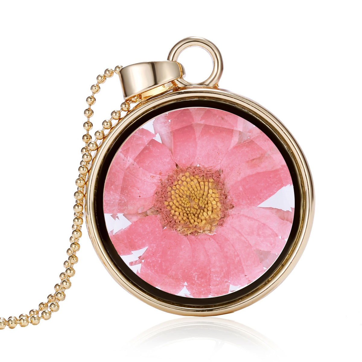 Pink Pressed Mum & 18K Gold-Plated Round Pendant Necklace