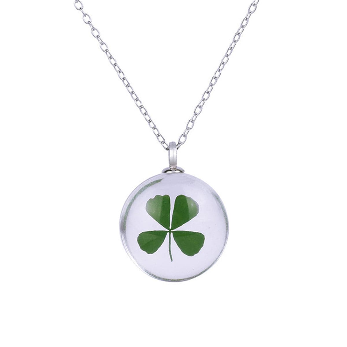 Clover & Silver-Plated Pressed Leaf Round Pendant Necklace