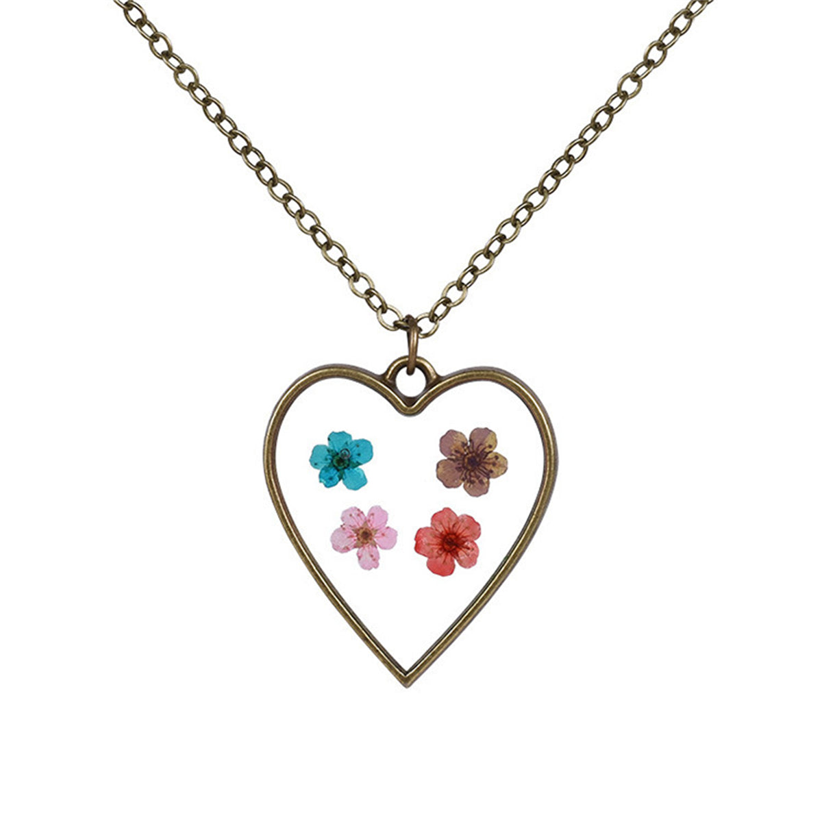 Vibrant & 18K Gold-Plated Pressed Flower Heart Pendant Necklace