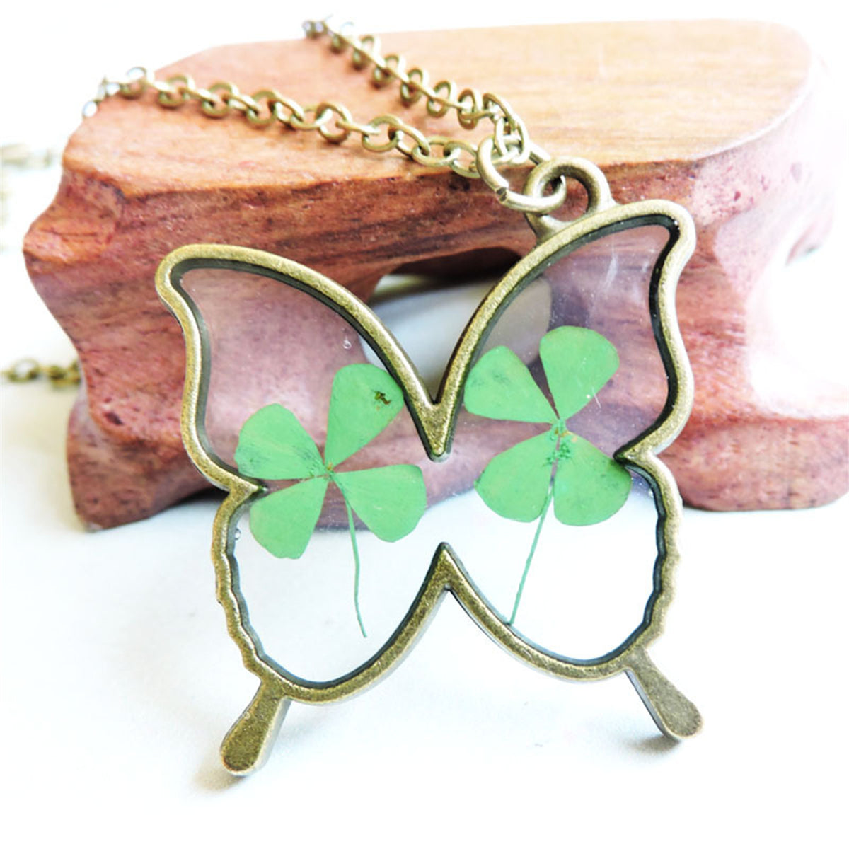 Green Clover & 18K Gold-Plated Butterfly Pendant Necklace