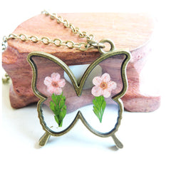 Pink & Green Pressed Flower Butterfly Pendant Necklace