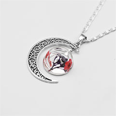 Red Pressed Flower & Silver-Plated Filigree Moon Pendant Necklace