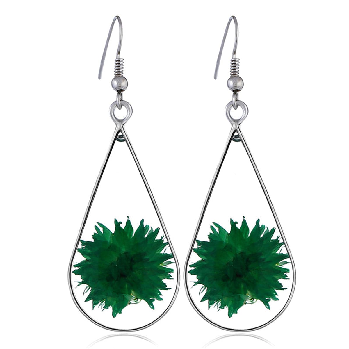 Green Peony & Silver-Plated Drop Earring