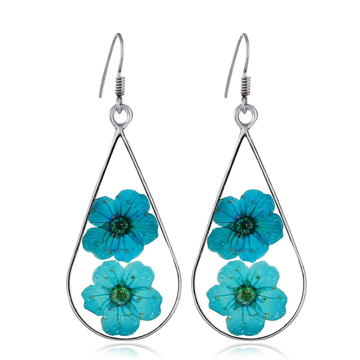 Blue Pressed Peach Flower & Silver-Plated Drop Earrings