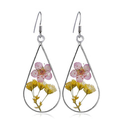 Pink & Yellow Pressed Peach Flower Silver-Plated Drop Earrings