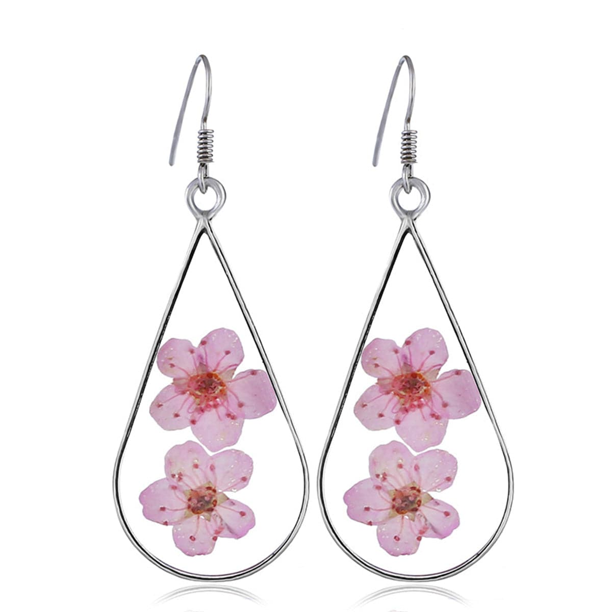 Pink Pressed Flower & Silver-Plated Teardrop Earrings