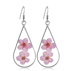 Pink Pressed Flower & Silver-Plated Teardrop Earrings