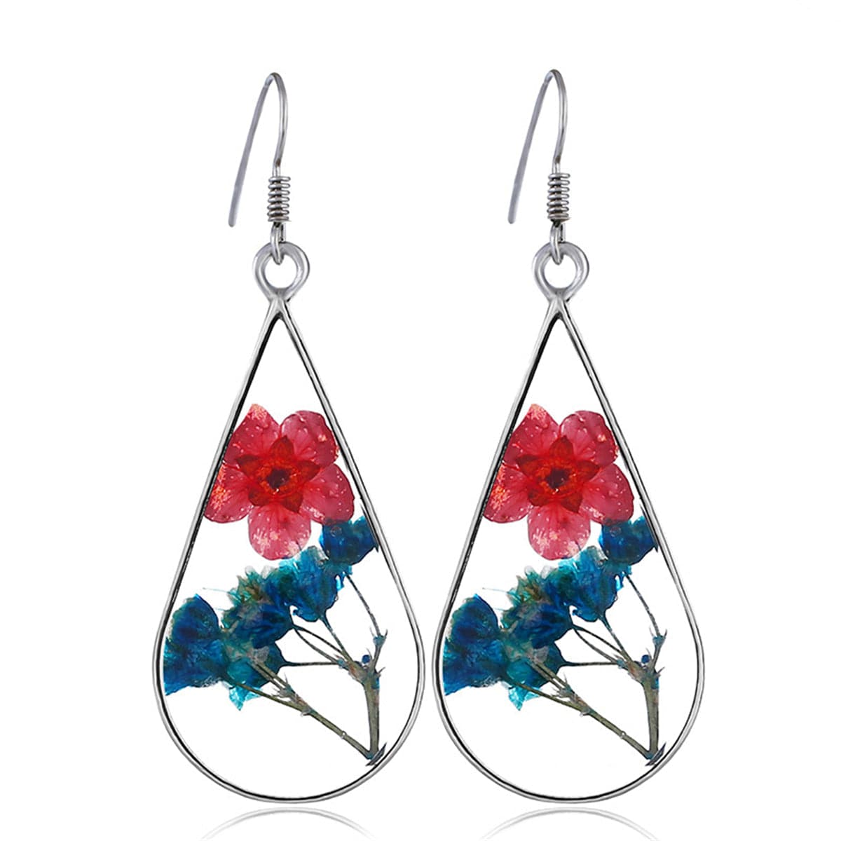 Red & Purple Peach Pressed Flower Silver-Plated Drop Earrings