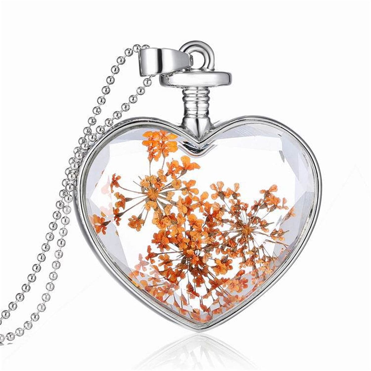 Orange Pressed Gypsophila & Silver-Plated Pressed Heart Pendant Necklace