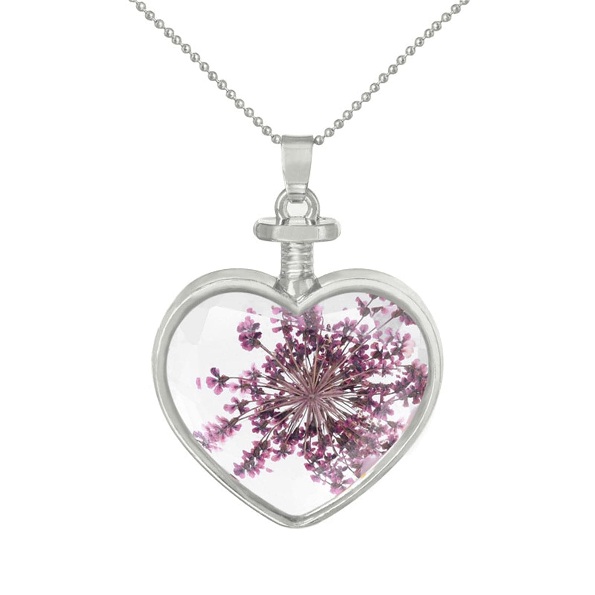 Purple Pressed Gypsophila & Silver-Plated Heart Pendant Necklace