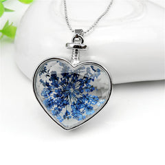 Dark Blue Pressed Gypsophila & Silver-Plated Heart Pendant Necklace