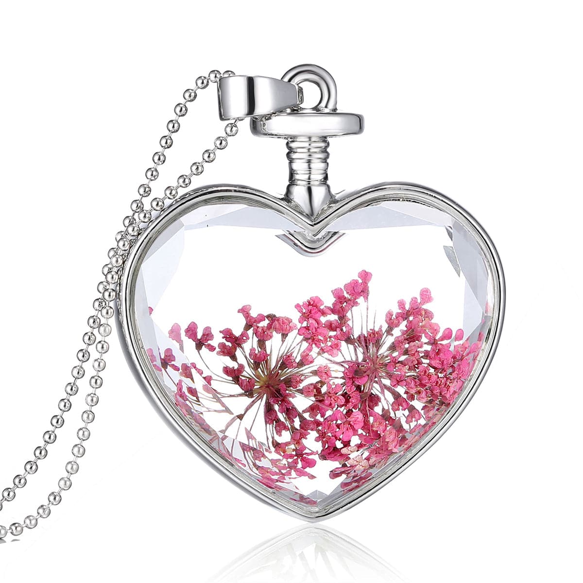 Rose Pressed Gypsophila & Silver-Plated Heart Pendant Necklace