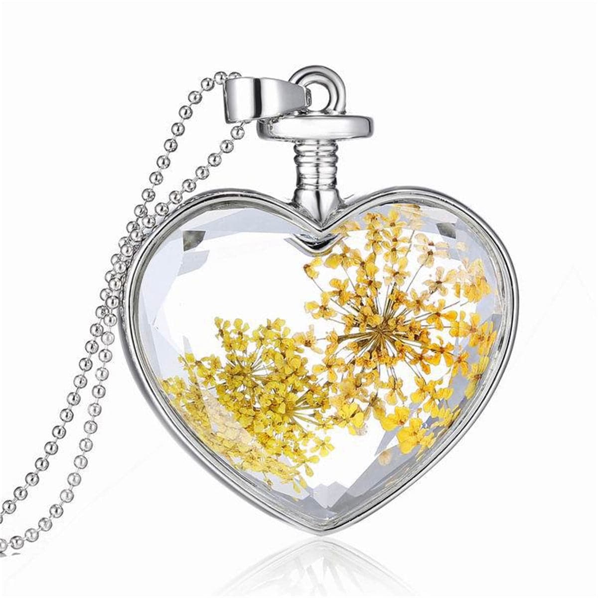 Yellow Pressed Gypsophila & Silver-Plated Heart Pendant Necklace