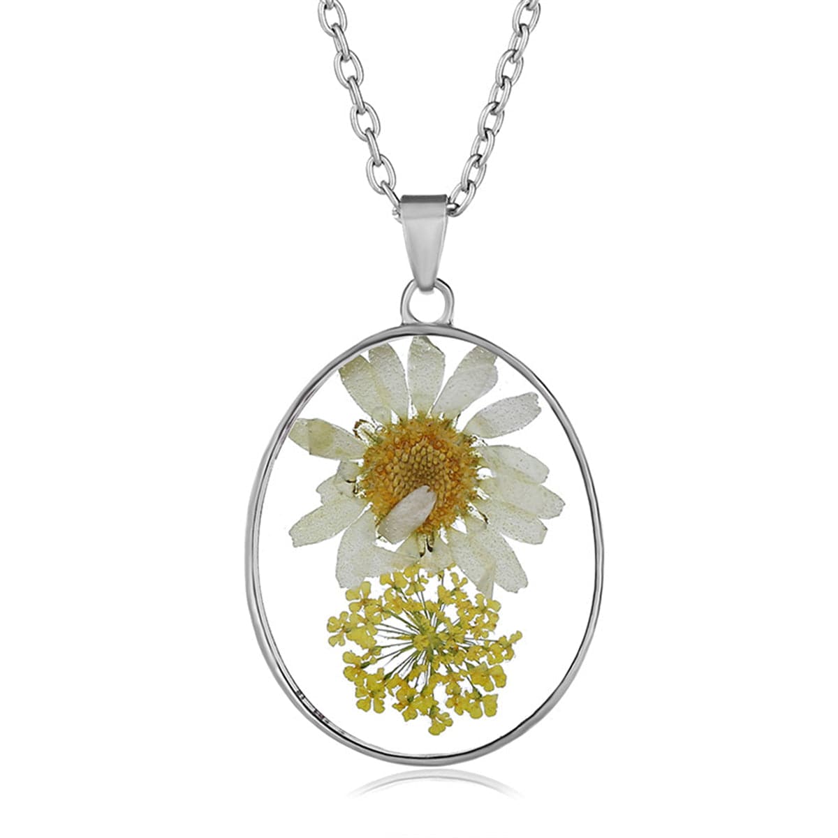 Pink & Yellow Pressed Flower Oval Pendant Necklace