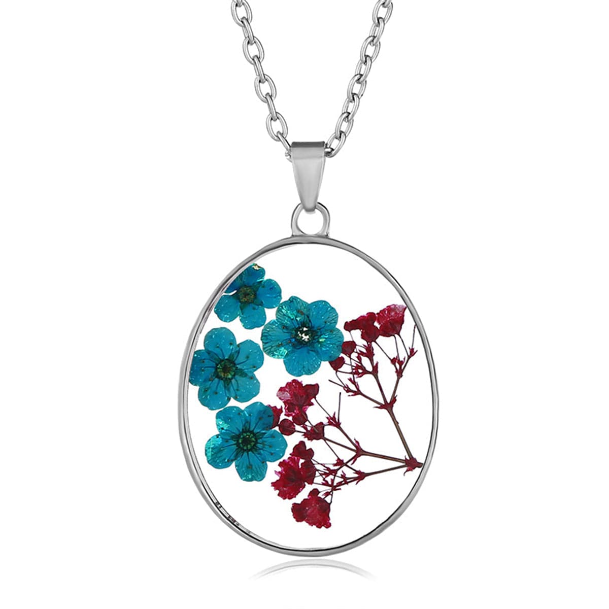 Purple Pressed Peach Blossom & Silver-Plated Oval Pendant Necklace