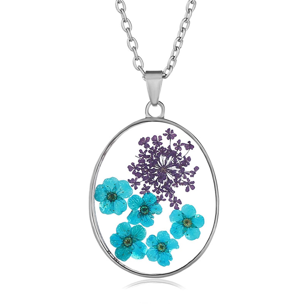 Blue Pressed Peach Blossom & Silver-Plated Oval Pendant Necklace