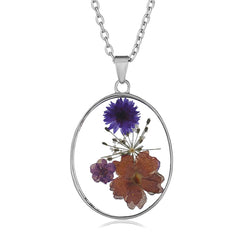 Purple & Orange Pressed Flower Oval Pendant Necklace