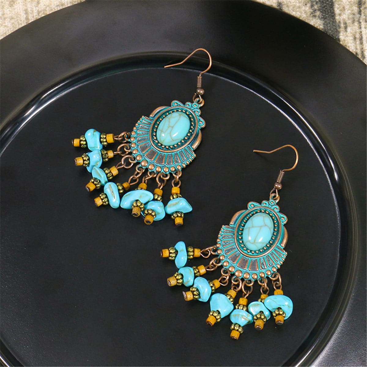 Turquoise & Wood 18K Gold-Plated Round Tassel Drop Earrings