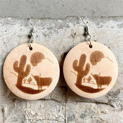 Wood & Silver-Plated Sunset Cactus Cattle Round Drop Earrings